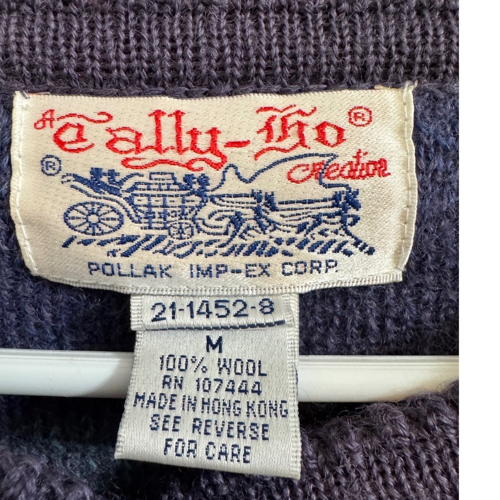 Vintage 💜💙Tally-Ho 100% Wool Cardigan Sweater Medium Blue Floral Knit Hong Kon - Picture 5 of 7